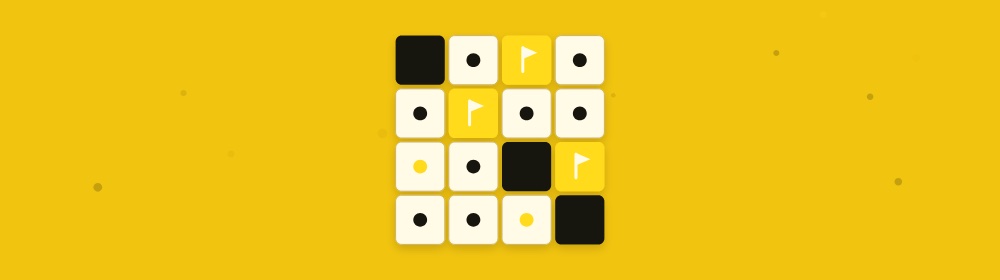 Minesweeper banner: gold and black geometric shapes evoking the game.