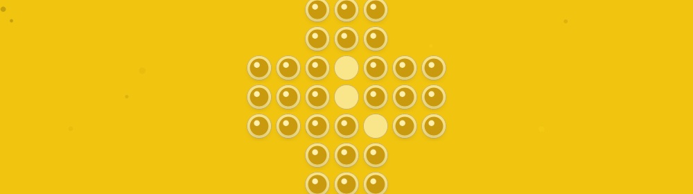 Peg Solitaire banner: gold and black geometric shapes evoking the game.